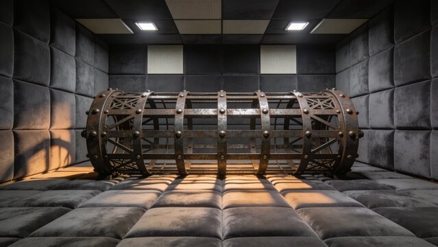 Giant forged iron cage on velvet acoustic foam inside soundproof chamber with dramatic industrial luxury
