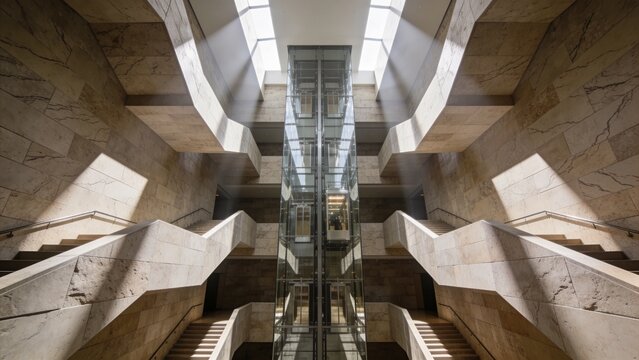Soaring Minimalist Atrium Elevator Shaft with Floating Staircases and Stone Wall Sophistication