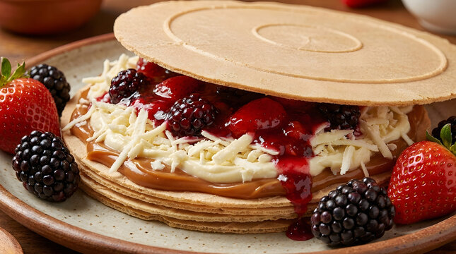 Traditional Colombian Obleas with Arequipe Cheese and Berry Jam Sweet Street Dessert with Fresh Strawberries and Blackberries