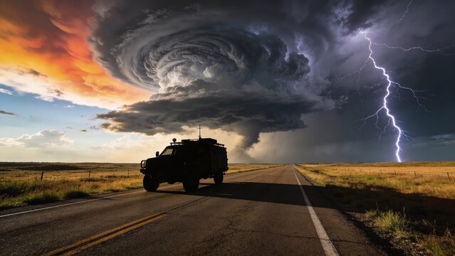 Storm Chaser Vehicle Silhouetted on an Empty Prairie Road Beneath a Towering Supercell