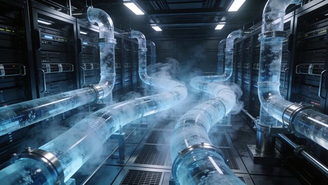 Ultra deep server cooling plant with translucent pipes chilled vapor and futuristic dark infrastructure ambiance
