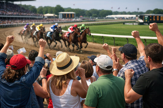 horserace fans cheering and yelling as horses and riders speed past on the track