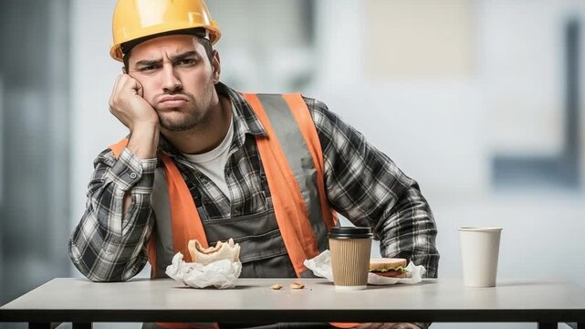Exhausted Male Construction Worker Having Lunch Break, Tired Laborer With Burnout Symptoms