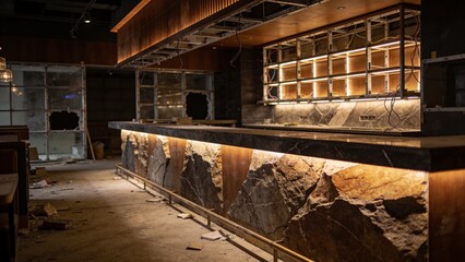 Fototapeta premium Luxury restaurant bar construction featuring veined stone surfaces illuminated shelving and sophisticated hospitality design details