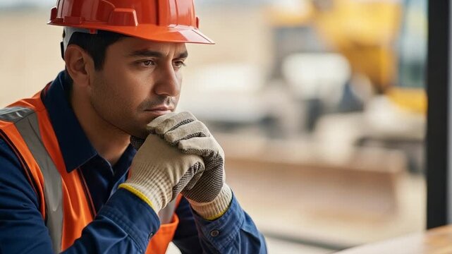 Stressed Hispanic Construction Worker in Hard Hat Contemplating Project Challenges