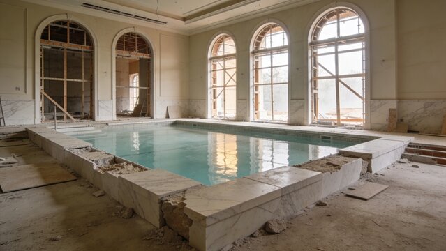Elegant indoor pool construction in luxury residence with marble coping and soaring unfinished arches