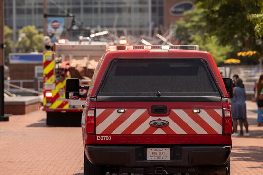 Baltimore, Maryland, USA - June 8, 2025: A Baltimore Fire Department engine responds to the scene of an emergency.