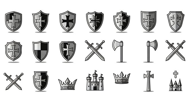 Collection of medieval heraldic shields swords and crowns