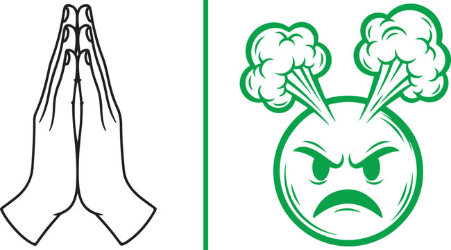 Vector illustration of praying hands and angry face icon with steam representing emotional contrast