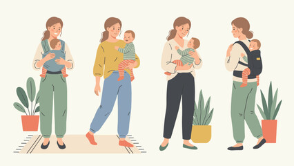 Obraz premium Mother carrying baby in daily life set, mom holding and babywearing child at home, parenting routine and family care moments, modern flat vector illustration collection