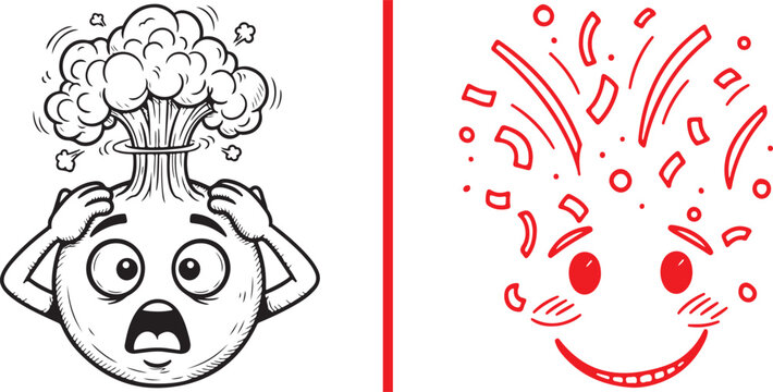 Mind blown emoji character set with stressed and happy exploding head vector illustration for mental health and creativity