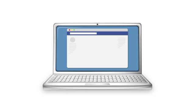 Laptop computer display showing social media feed with posts and images in animation.