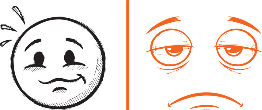 Hand drawn vector illustration of nervous and tired facial expressions representing stress and fatigue