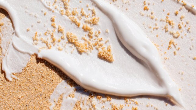 Extreme macro of white sunscreen smeared on tanned skin, tiny grains of golden sand sticking to the lotion, summer tactile texture