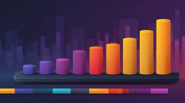 Colorful 3 d rendered bar graph rising against a blurred cityscape background