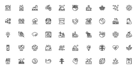 Fototapeta premium Ecology icon set. Environment vector icons pack. Includes symbols for recycle, solar panel, earth, forest, green energy, global warming and more. Editable stroke.