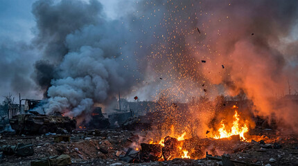 Devastating battlefield explosion showers brilliant sparks over destroyed military vehicles and thick smoke. © Laura