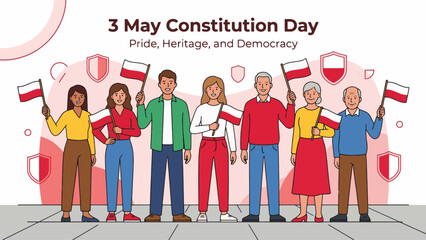 Obraz premium Poland Constitution Day celebration with people holding Polish flags, May 3 national holiday, civic pride and democracy concept, community unity event, modern flat vector illustration