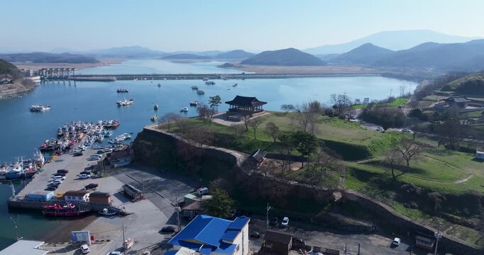 Aerial Drone Footage of Peaceful Ocheon Port and Chungcheong Suyeongseong Fortress, Boryeong, South Korea