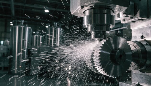 Medium shot of spur gear hobbing machine crafting precise teeth showcasing sharp metal shavings in a hightech industrial workshop.
