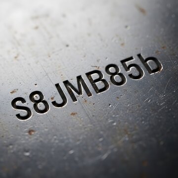 Close-up of metallic surface featuring an indented, alphanumeric serial code. The metal exhibits rust-like texture, suggesting age or wear