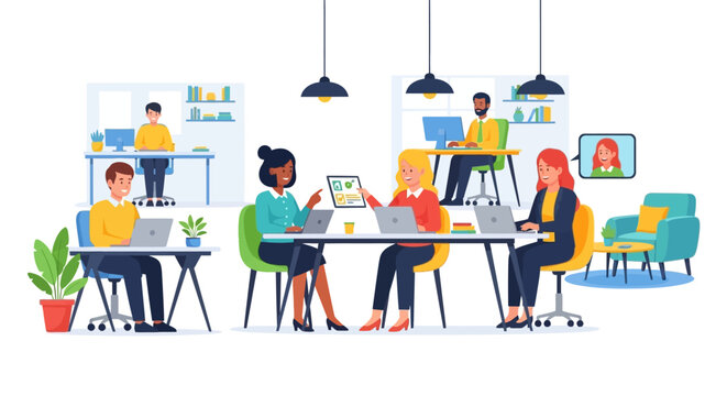 Vector illustration of a diverse team working on laptops in a collaborative workspace, the clean desk setting enhanced by a bright, modern aesthetic, conveying a productive and efficient