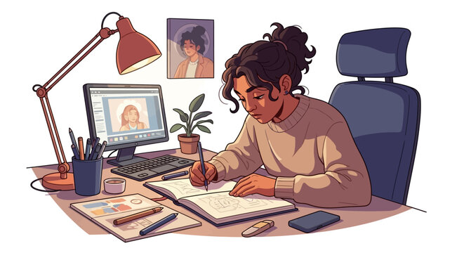 Illustration of a focused young woman working from home, taking notes at a clean desk in a productive workspace, illuminated by a warm desk lamp, with a global business art background design