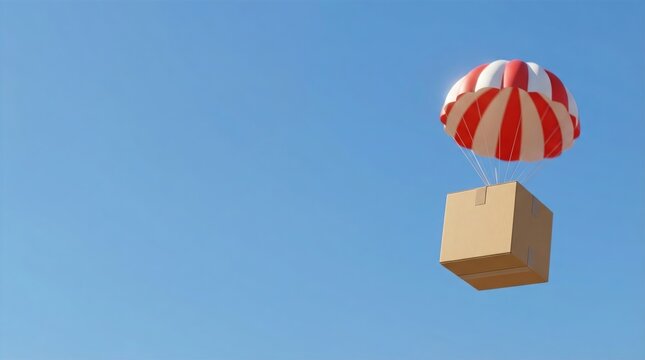 3D Delivery Box with Parachute in Blue Sky Copy Space