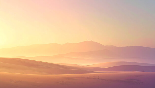 Sunset over a serene desert landscape with rolling hills and mountains in the distance