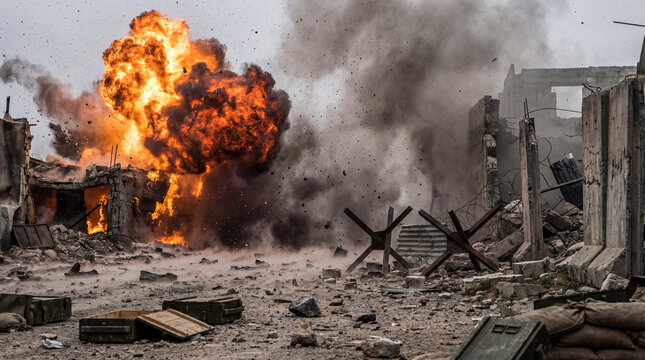 Massive explosion with fiery blaze and dense smoke in a devastated urban battlefield.
