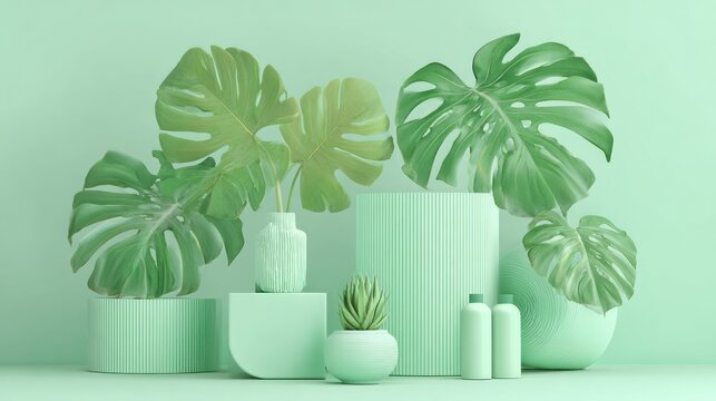 Monstera leaves and geometric shapes in a monochromatic green composition