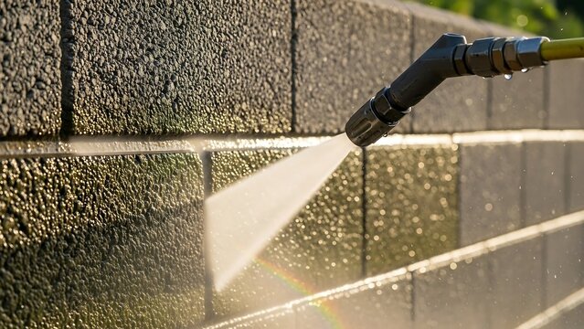 Pressure washing a concrete block wall for cleaning and maintenance.