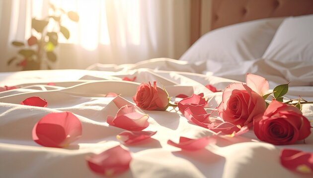 A romantic bed decorated with red rose petals and flowers, bathed in soft morning sunlight, evoking a sense of love and intimacy