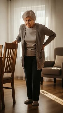 Senior Caucasian woman suffering from chronic sciatica back pain, leaning on chair for support