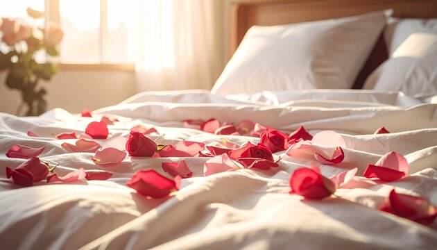 Warm morning light illuminates a beautifully prepared bed adorned with delicate red rose petals, evoking a sense of romance, passion, and a tranquil escape for cherished moments