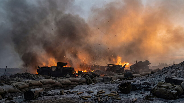 Devastating explosion engulfs destroyed military vehicles and a battlefield with thick smoke and bright flames.