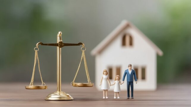 Family Law Concept with Figurines, Balance Scale, and House Symbolizing Justice and Stability in Legal Matters