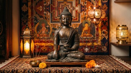 Fototapeta premium Image features a serene and intricately detailed Buddha statue, crafted in a traditional style, seated in a meditative pose with hands resting in a mudra. The statue is made of a material that resembl