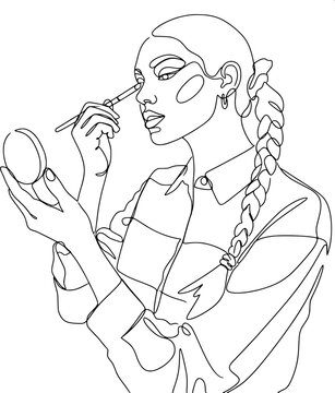 continuous line art of a beautiful woman with a braid applying makeup to her eye using a cosmetic brush.
