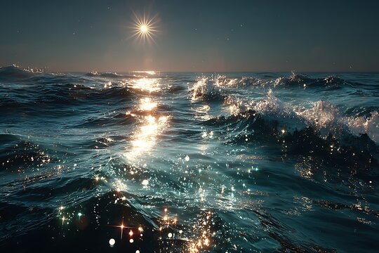 Sparkling ocean waves under a bright star and moonlight reflecting on the water surface