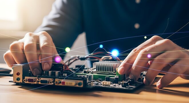 Close up of a person working on a circuit board with wires and microcontrollers