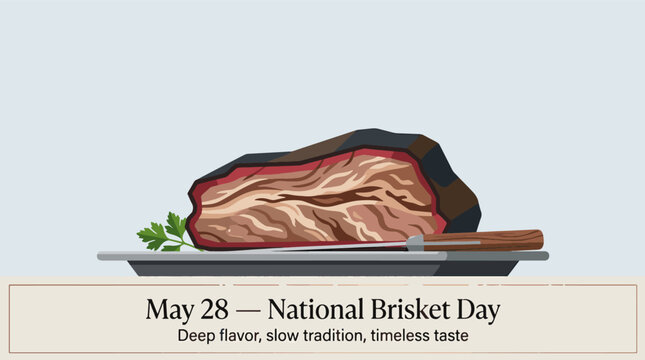 National Brisket Day with smoked beef brisket on board, barbecue meat illustration, gourmet BBQ food concept and restaurant menu design, modern flat vector illustration