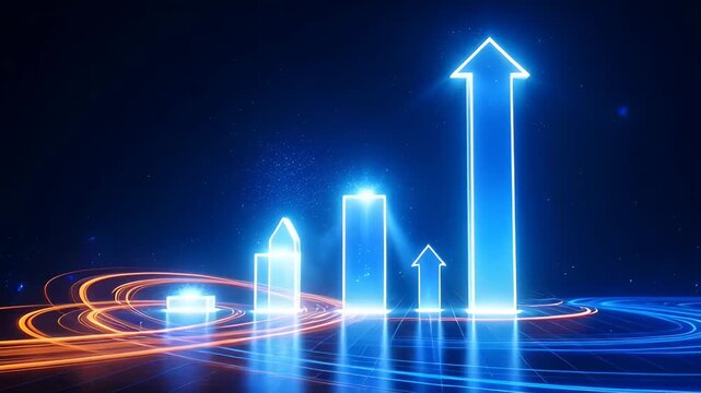 Neon growth chart with glowing arrow and bar elements futuristic grid conveying progress and success glowing blue neon doorway and rising arrows with dynamic light trails for high tech growth