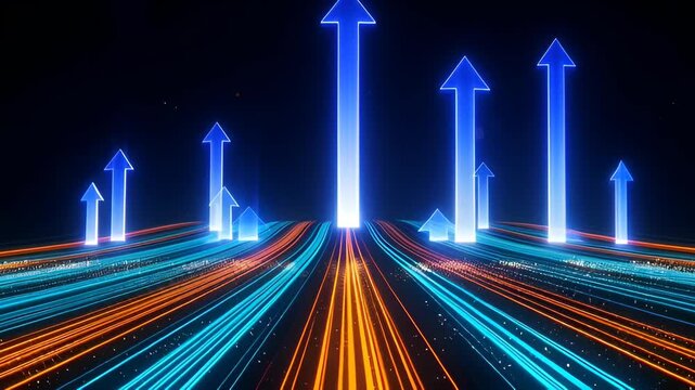 Neon arrows rising from glowing data lanes dark futuristic roadway with blue and orange light trails and glowing arrow icons above neon speed lines symbolizing upward growth, progress, direction