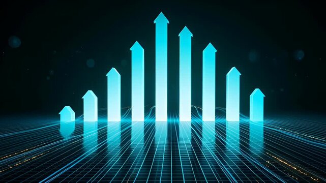 Neon blue upward arrows digital grid representing business growth and data acceleration with futuristic glow and reflection, glowing blue arrows rising from digital grid futuristic data visualization