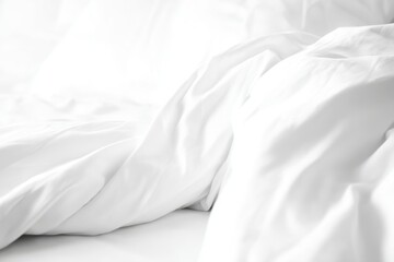 Obraz premium High-key photo of white bed linen, soft morning light, heavy wrinkles creating texture, peaceful hotel copy space