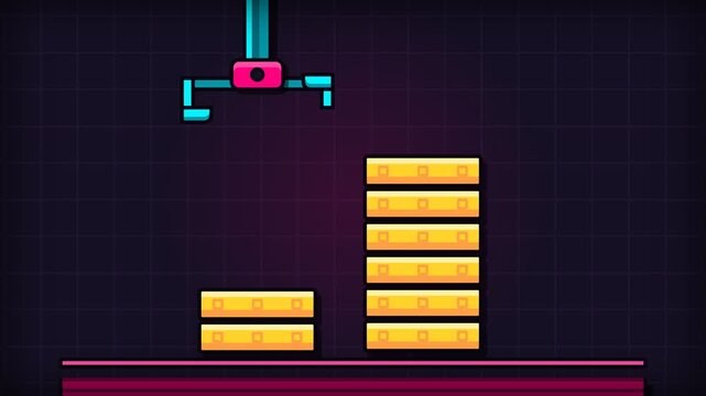 Neon Robotic Arm Stacking Gold Server Blocks Retro Arcade Animation for Data Storage and Financial Growth