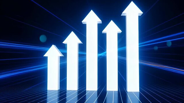 Bright ascending white arrows form rising bar chart reflective grid with blue light streaks and glowing arrow rising above two smaller arrows dark futuristic grid floor, glowing upward arrows with