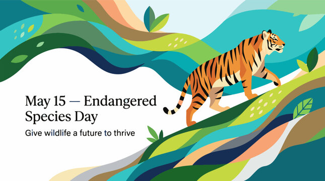 Endangered Species Day with tiger in natural habitat, wildlife conservation and biodiversity protection concept, modern flat vector illustration