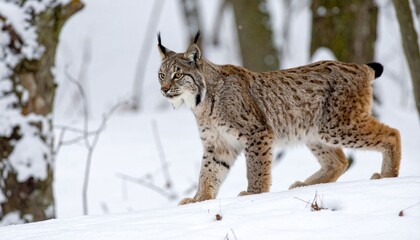 Fototapeta premium Lynx walking through snowy woodland